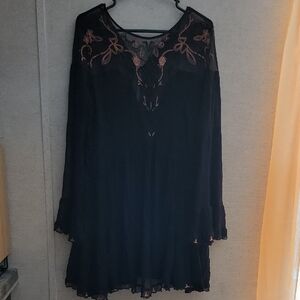 Free People Black Long Sleeve Dress with Pink Embroidery